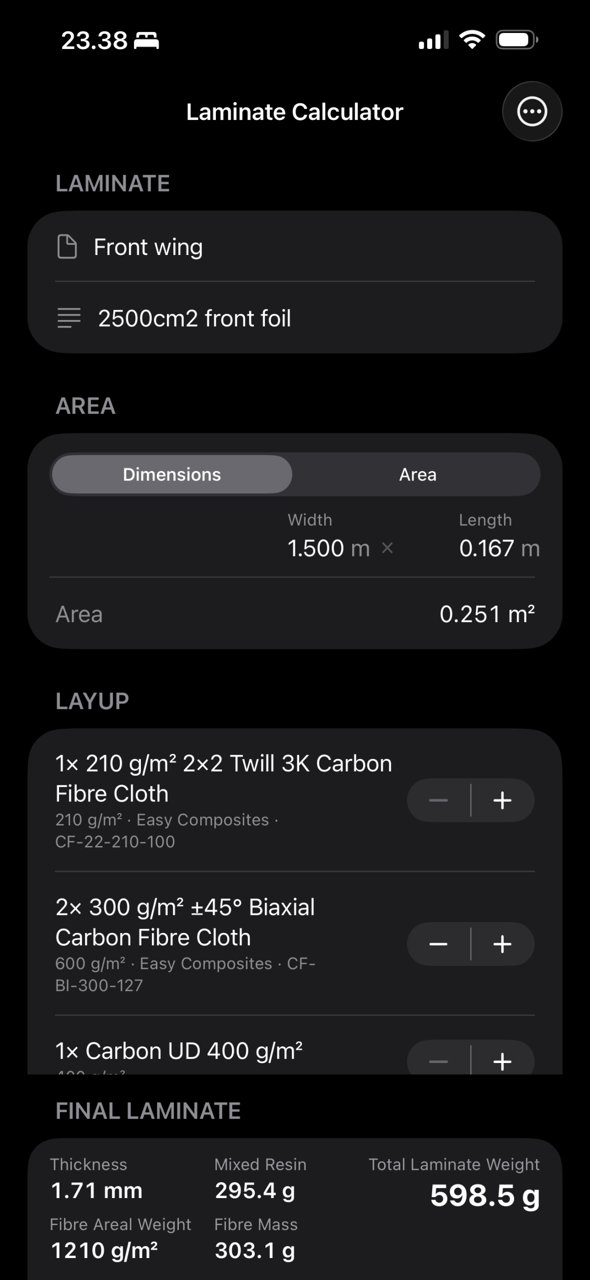 Laminate Calculator showing a carbon fibre laminate calculation